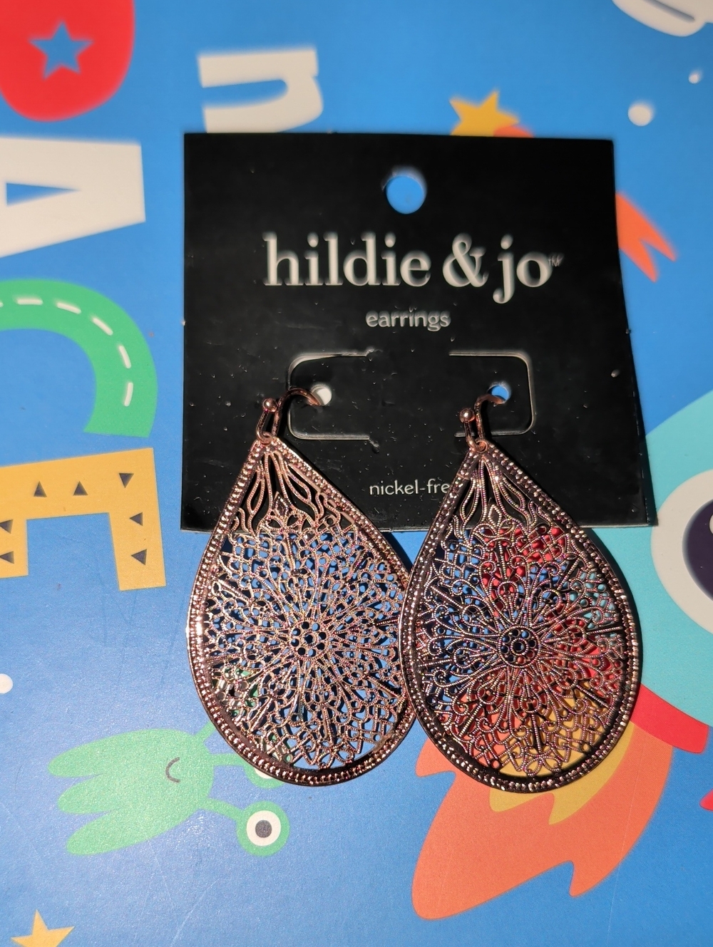Hildie & Jo Rose Gold Tone Filigree Teardrop Earrings